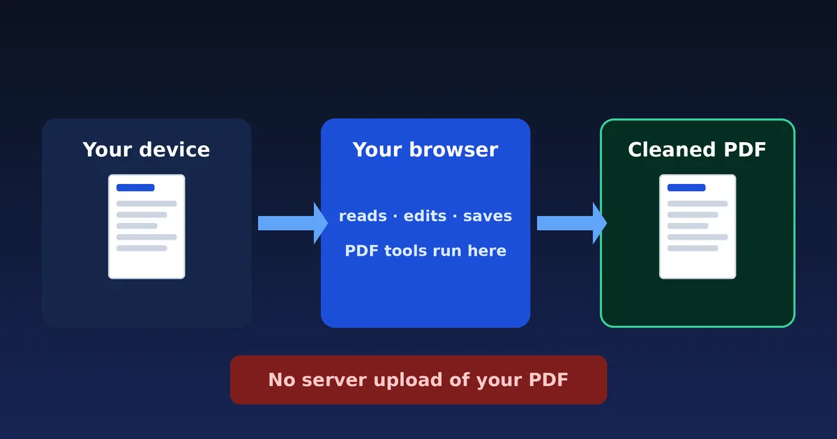 Diagram showing a PDF moving from your device to your browser and back as a cleaned file without a server upload