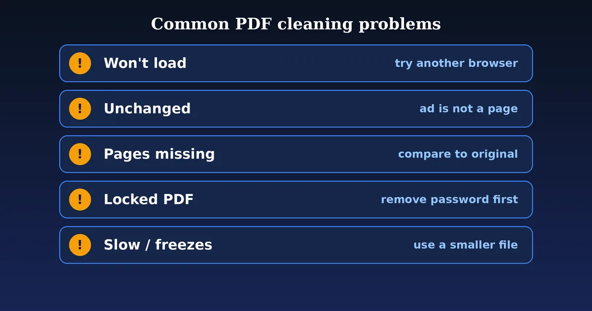 List of common PDF cleaning problems: will not load, unchanged, pages missing, locked PDF and slow performance