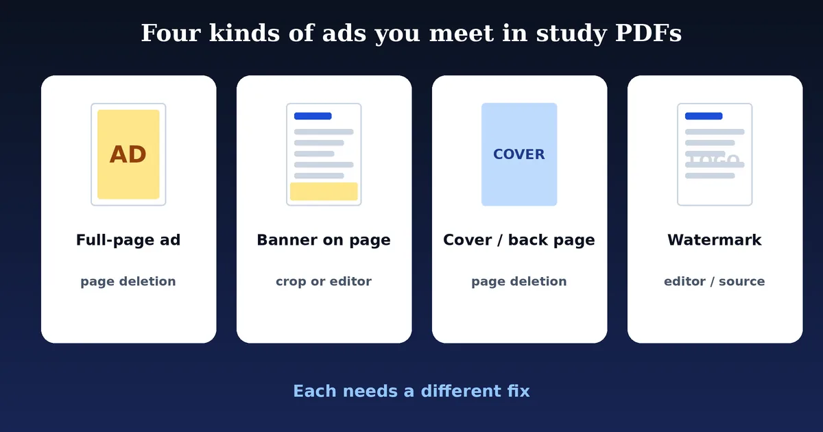 Four types of ads in PDF files: full-page ad, banner on page, cover or back page and watermark